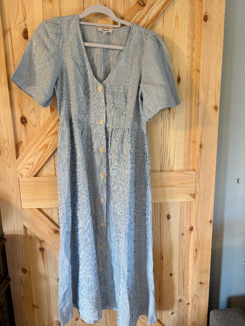 Madewell Blue Striped Linen Midi Dress Size Small Button Front Short Sleeve